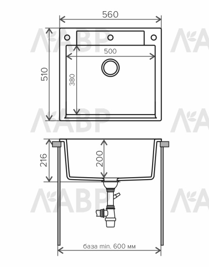 Мойка мраморная Argo 560 №16 черный 560*510*200мм / 62527 / оптом и в розницу / мебельная фурнитура "ЛАВР"