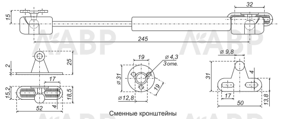 Газовый лифт нагрузка 50Н секретерный GL103GR/50/3 Boyard / 706043 / оптом и в розницу / мебельная фурнитура "ЛАВР"