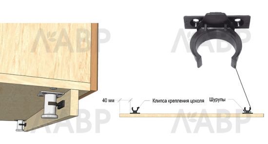 Клипса + подклипсник для кухонной опоры и цоколя из древесных материалов: ДСП, ЛДСП и МДФ / 42223 / оптом и в розницу / мебельная фурнитура "ЛАВР"