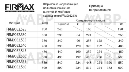 Firmax направляющие шариковые 100% выдвиж 550мм с доводчиком/45мм/FRM9052.S55 / 09907 / оптом и в розницу / мебельная фурнитура "ЛАВР"