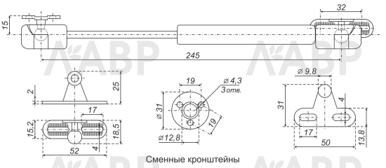 Газовый лифт нагрузка 80Н секретерный GL103GR/80/3 Boyard / 706048 / оптом и в розницу / мебельная фурнитура "ЛАВР"